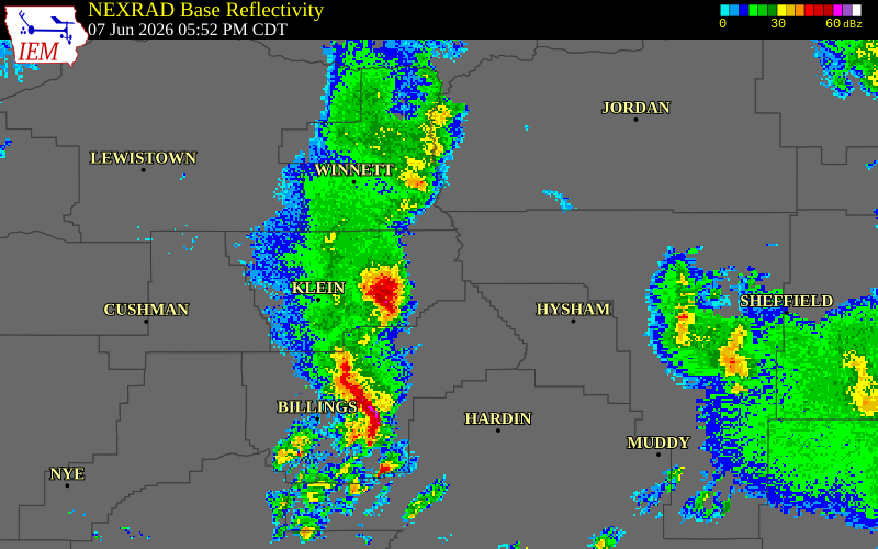NEXRAD radar during the Sunday, June 7, 2026 storm activity in Musselshell County, Montana