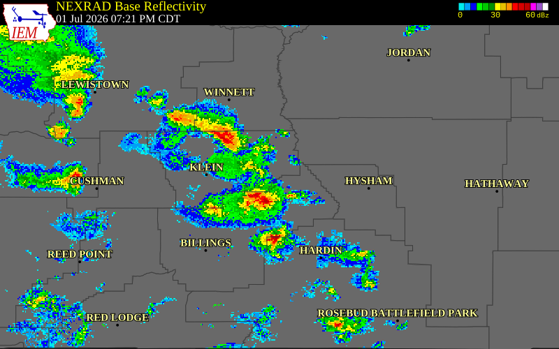 NEXRAD radar during the Wednesday, July 1, 2026 storm activity in Musselshell County, Montana