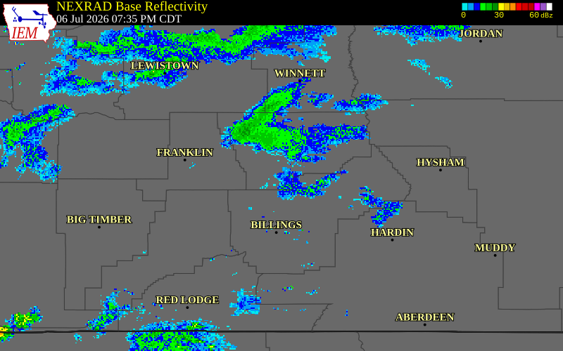 NEXRAD radar during the Monday, July 6, 2026 storm activity in Musselshell County, Montana