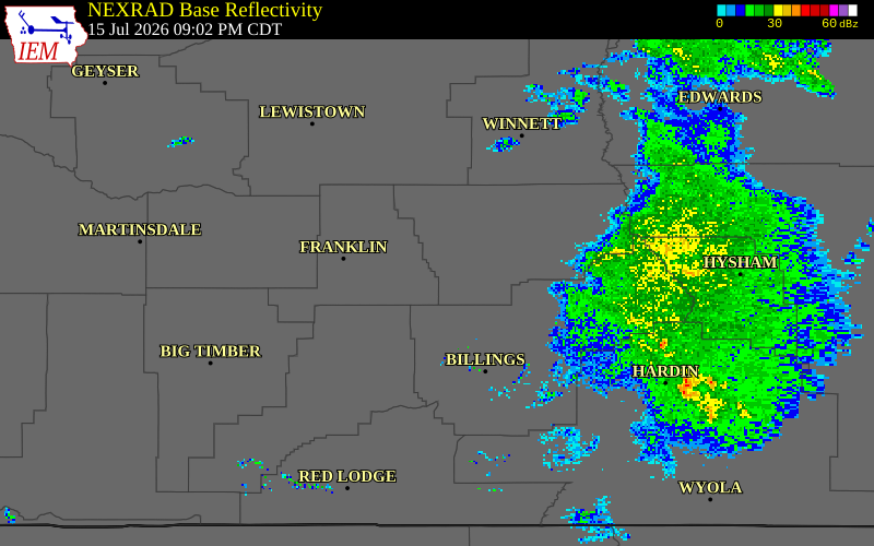 NEXRAD radar during the Wednesday, July 15, 2026 storm activity in Musselshell County, Montana
