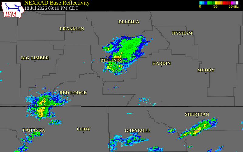 NEXRAD radar during the Saturday, July 18, 2026 storm activity in Musselshell County, Montana