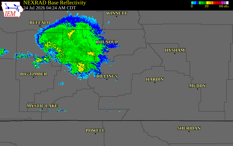 NEXRAD radar during the Friday, July 24, 2026 storm activity in Musselshell County, Montana