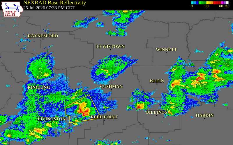 NEXRAD radar during the Saturday, July 25, 2026 storm activity in Musselshell County, Montana