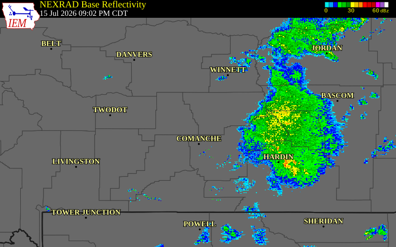 Radar snapshot during the Jul 15, 2026 hail event near 7 E Lavina, Musselshell County, Montana, with NWS warning polygons