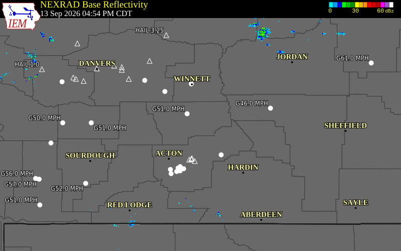 Current NEXRAD radar over Musselshell County, Montana with recent storm report locations