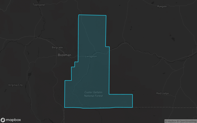 Map of Park County, Montana showing the county boundary and surrounding cities