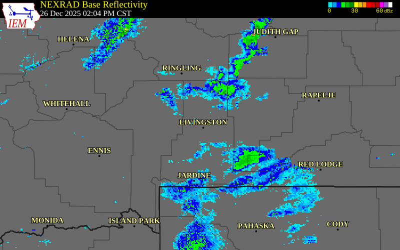 NEXRAD radar during the Friday, December 26, 2025 storm activity in Park County, Montana