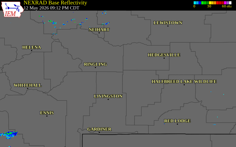 NEXRAD radar during the Tuesday, May 12, 2026 storm activity in Park County, Montana