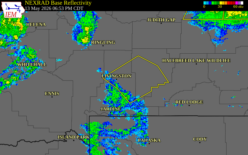 NEXRAD radar during the Wednesday, May 13, 2026 storm activity in Park County, Montana
