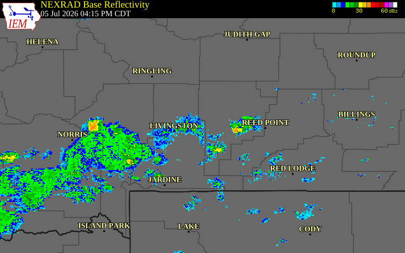 NEXRAD radar during the Sunday, July 5, 2026 storm activity in Park County, Montana