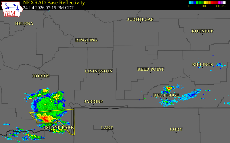 NEXRAD radar during the Friday, July 24, 2026 storm activity in Park County, Montana