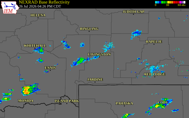 NEXRAD radar during the Sunday, July 26, 2026 storm activity in Park County, Montana