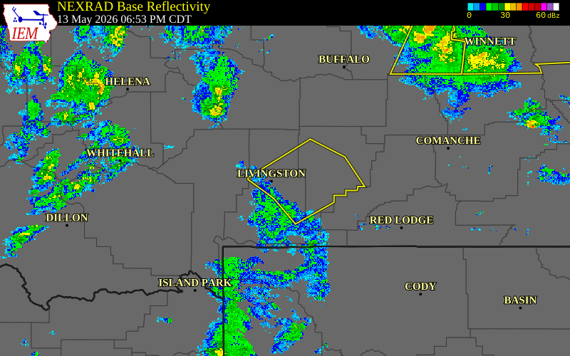 Radar snapshot during the May 13, 2026 wind event near 7 ENE Livingston, Park County, Montana, with NWS warning polygons