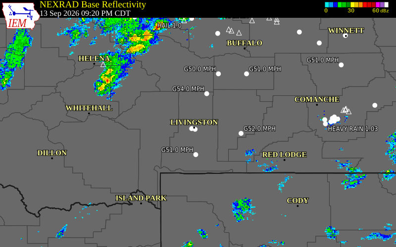 Current NEXRAD radar over Park County, Montana with recent storm report locations