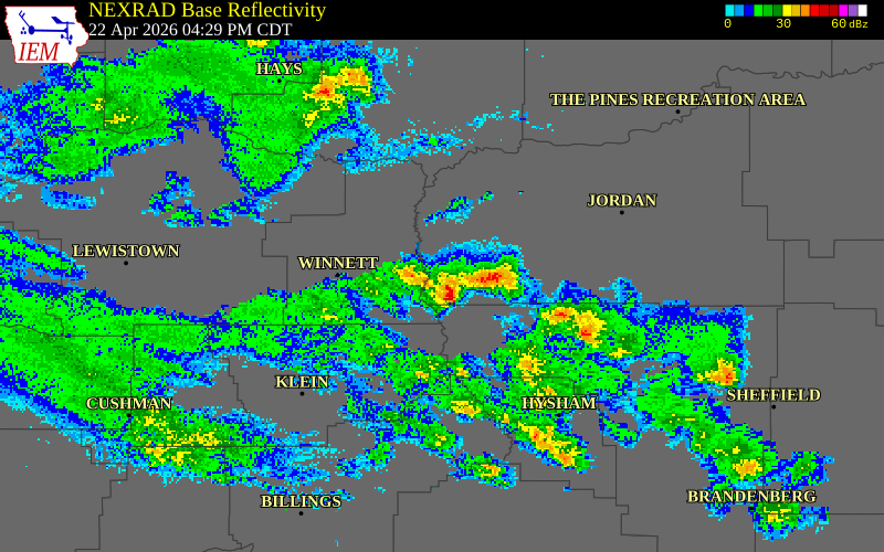 NEXRAD radar during the Wednesday, April 22, 2026 storm activity in Petroleum County, Montana