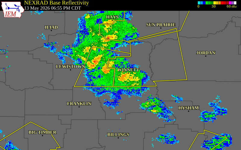 NEXRAD radar during the Wednesday, May 13, 2026 storm activity in Petroleum County, Montana