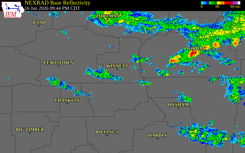 NEXRAD radar during the Tuesday, June 16, 2026 storm activity in Petroleum County, Montana