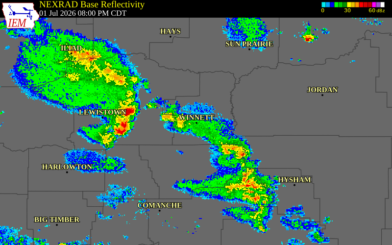 NEXRAD radar during the Wednesday, July 1, 2026 storm activity in Petroleum County, Montana