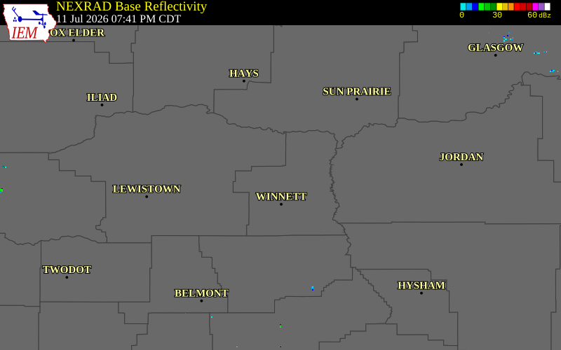 NEXRAD radar during the Saturday, July 11, 2026 storm activity in Petroleum County, Montana
