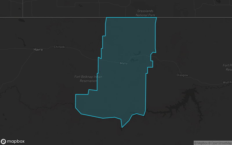 Map of Phillips County, Montana showing the county boundary and surrounding cities