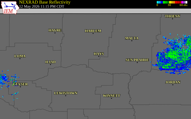 NEXRAD radar during the Tuesday, May 12, 2026 storm activity in Phillips County, Montana