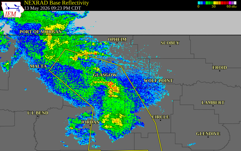 NEXRAD radar during the Wednesday, May 13, 2026 storm activity in Phillips County, Montana