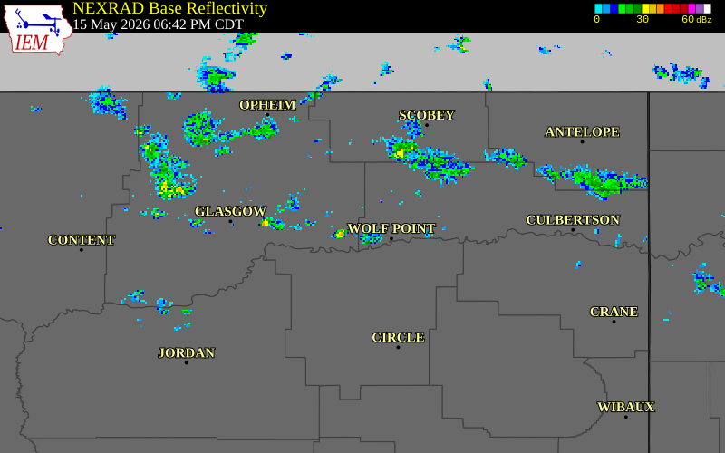 NEXRAD radar during the Friday, May 15, 2026 storm activity in Phillips County, Montana