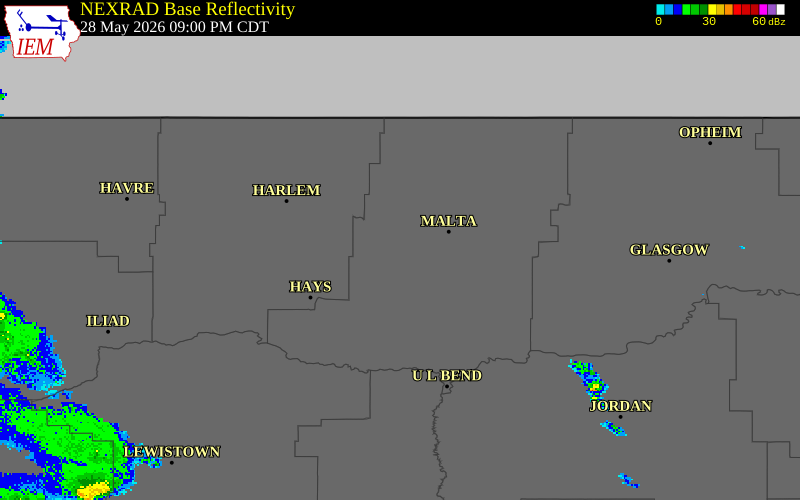 NEXRAD radar during the Thursday, May 28, 2026 storm activity in Phillips County, Montana