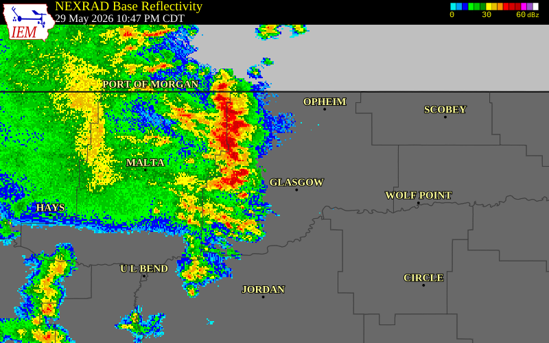 NEXRAD radar during the Friday, May 29, 2026 storm activity in Phillips County, Montana