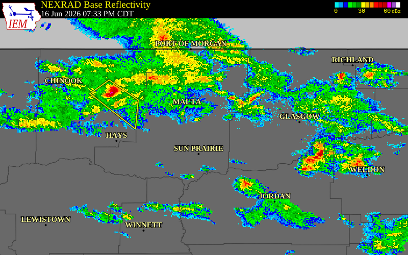 NEXRAD radar during the Tuesday, June 16, 2026 storm activity in Phillips County, Montana