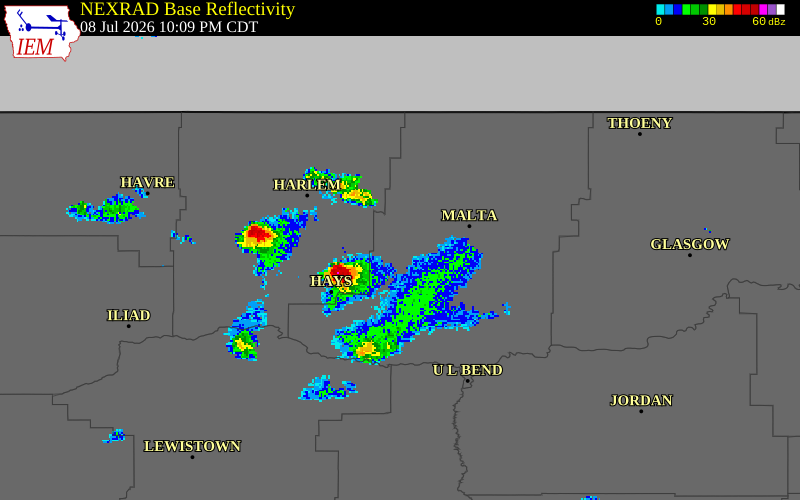 NEXRAD radar during the Wednesday, July 8, 2026 storm activity in Phillips County, Montana