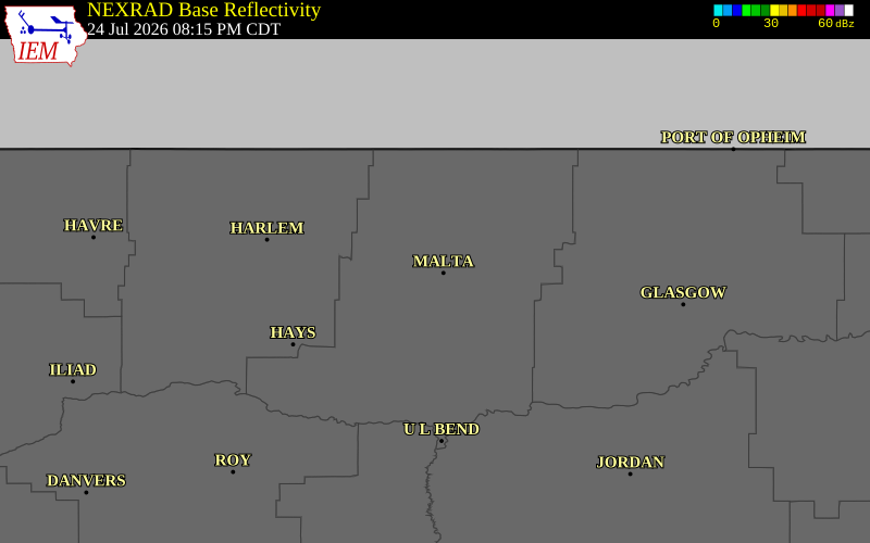 NEXRAD radar during the Friday, July 24, 2026 storm activity in Phillips County, Montana
