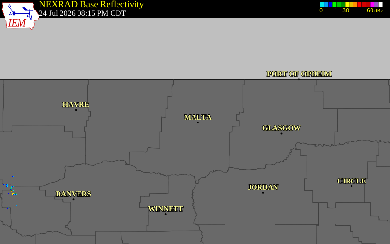 Radar snapshot during the Jul 24, 2026 wind event near 2 WNW Malta, Phillips County, Montana, with NWS warning polygons