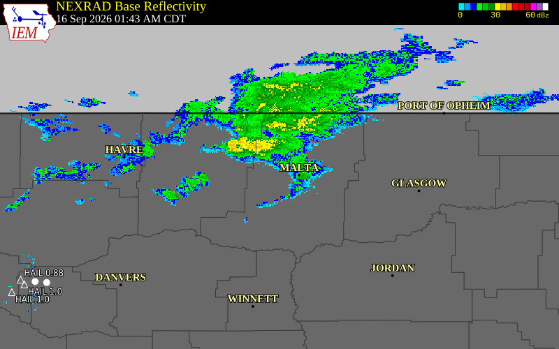 Current NEXRAD radar over Phillips County, Montana with recent storm report locations