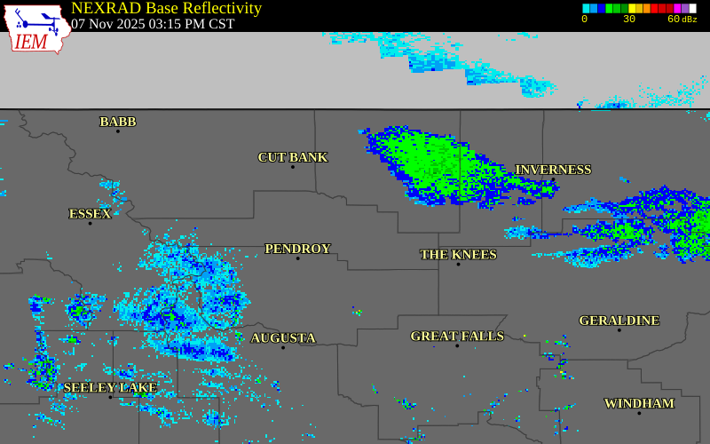 NEXRAD radar during the Friday, November 7, 2025 storm activity in Pondera County, Montana