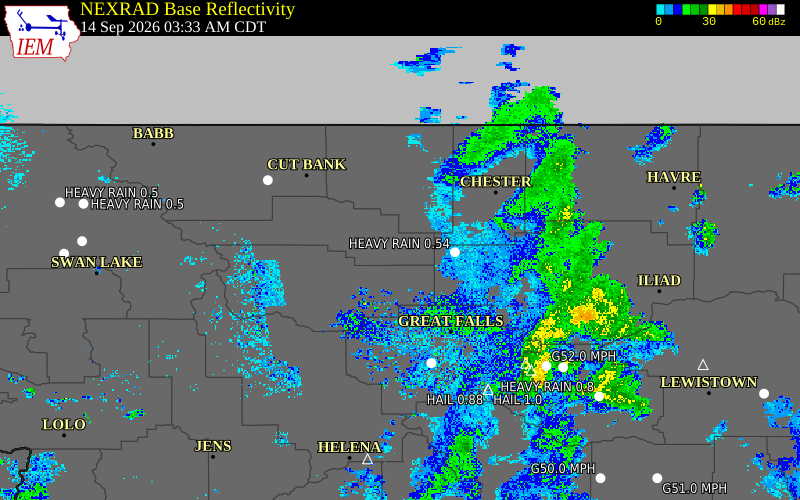 Current NEXRAD radar over Pondera County, Montana with recent storm report locations