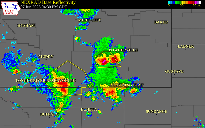 NEXRAD radar during the Sunday, June 7, 2026 storm activity in Powder River County, Montana