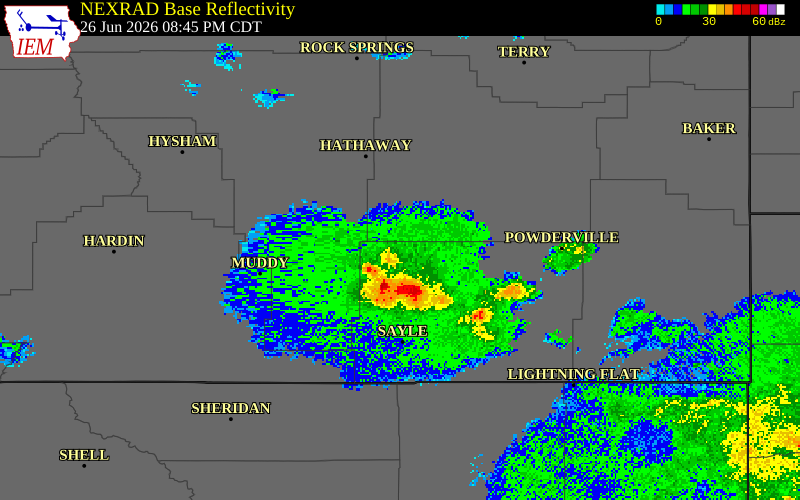 NEXRAD radar during the Friday, June 26, 2026 storm activity in Powder River County, Montana