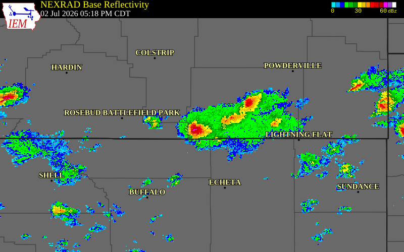 NEXRAD radar during the Thursday, July 2, 2026 storm activity in Powder River County, Montana