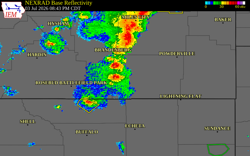 NEXRAD radar during the Friday, July 3, 2026 storm activity in Powder River County, Montana