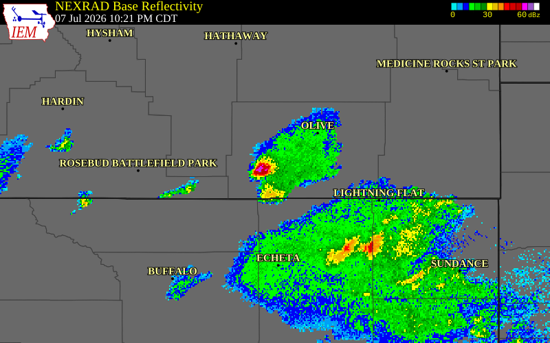NEXRAD radar during the Tuesday, July 7, 2026 storm activity in Powder River County, Montana