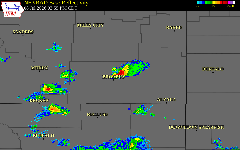 NEXRAD radar during the Wednesday, July 8, 2026 storm activity in Powder River County, Montana