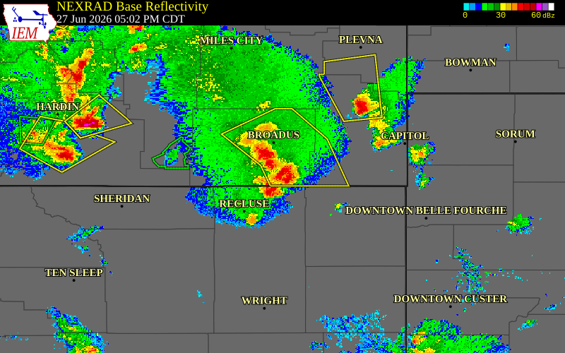 Radar snapshot during the Jun 27, 2026 hail event near 2 E Biddle, Powder River County, Montana, with NWS warning polygons