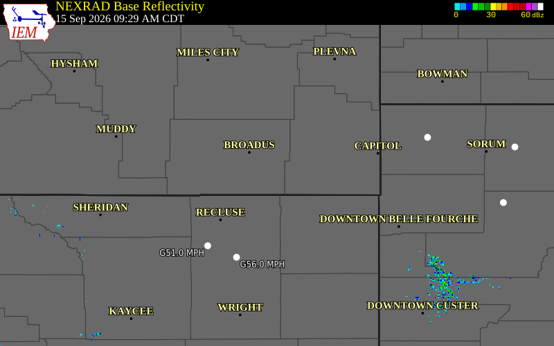 Current NEXRAD radar over Powder River County, Montana with recent storm report locations