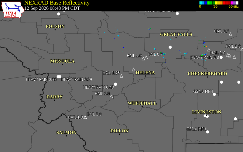 Current NEXRAD radar over Powell County, Montana with recent storm report locations