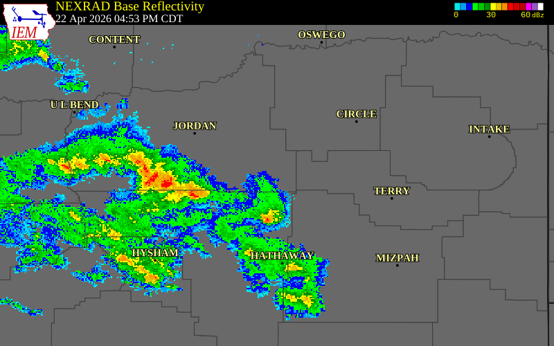 NEXRAD radar during the Wednesday, April 22, 2026 storm activity in Prairie County, Montana