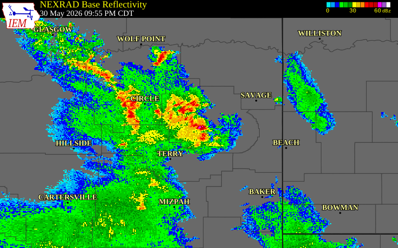 NEXRAD radar during the Saturday, May 30, 2026 storm activity in Prairie County, Montana