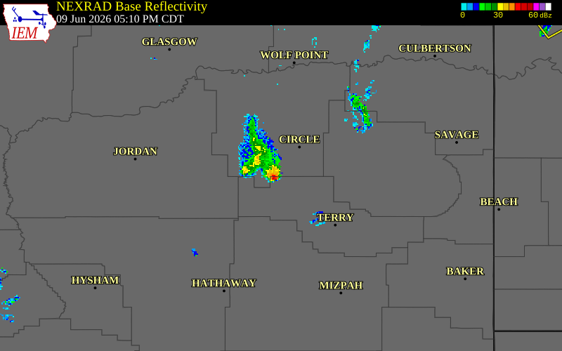 NEXRAD radar during the Tuesday, June 9, 2026 storm activity in Prairie County, Montana