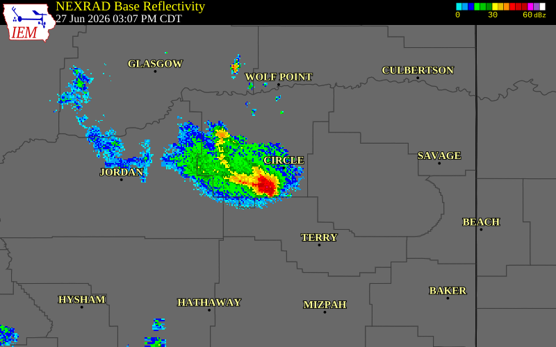 NEXRAD radar during the Saturday, June 27, 2026 storm activity in Prairie County, Montana