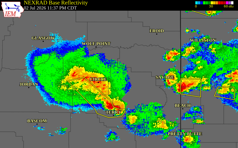 NEXRAD radar during the Thursday, July 2, 2026 storm activity in Prairie County, Montana